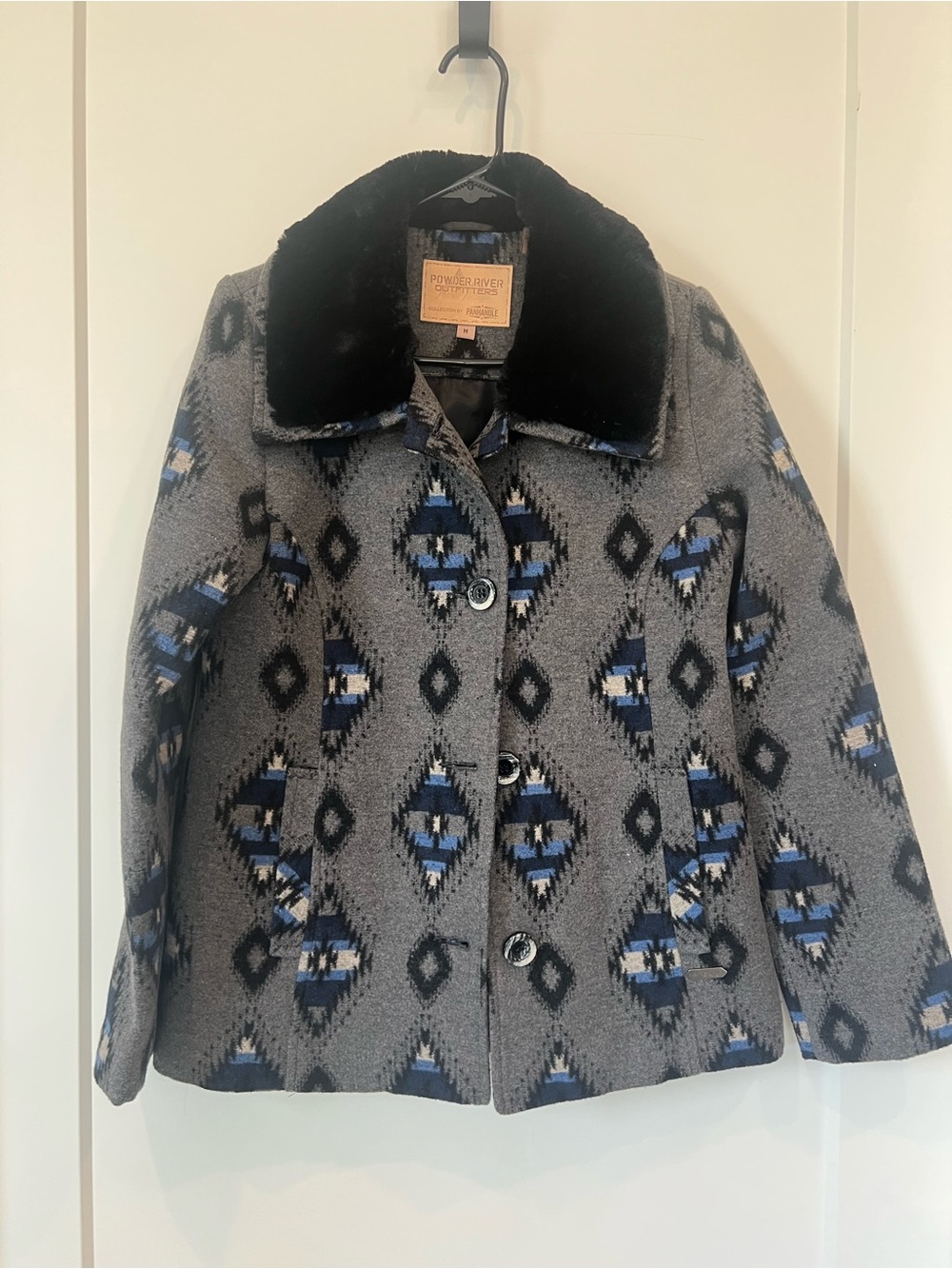 Powder River Outfitters Gray & Blue Patterned Coat with Faux Fur Collar